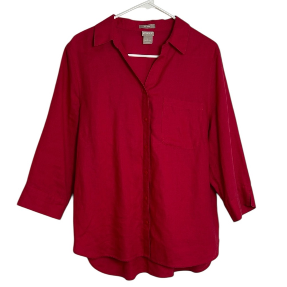 Pretty Chico’s Vibrant Pink No Iron Size 2 100% Linen Blouse